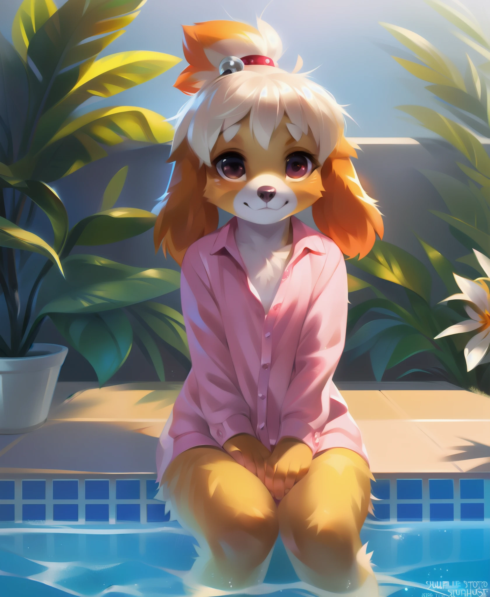 uploaded on e621, ((by Pino Daeni, by Ruan Jia, by Fumiko, by Levelviolet, by Supplesee)), kemono, dagasi, solo female isabelle \(animal crossing\) in animal form with tiny and short body with yellow fur (wearing pink shirt:1.4) with leaf patterns and (no pants:1.4) and white belly and top knot and (bells:1.2), ((feral)), ((flat chest)), (detailed fluffy fur), (half-lengthportrait, front view, looking at viewer), BREAK, (sitting in hotel swimming pool bench with plant and flower), (detailed background, depth of field, half body shadow, sunlight, ambient light on the body), (intricate:1), (high detail:1.3), (unreal engine:1.2), (soft focus:1.15), [explicit content, questionable content], (masterpiece, best quality, 4k, 2k, shaded, absurd res)