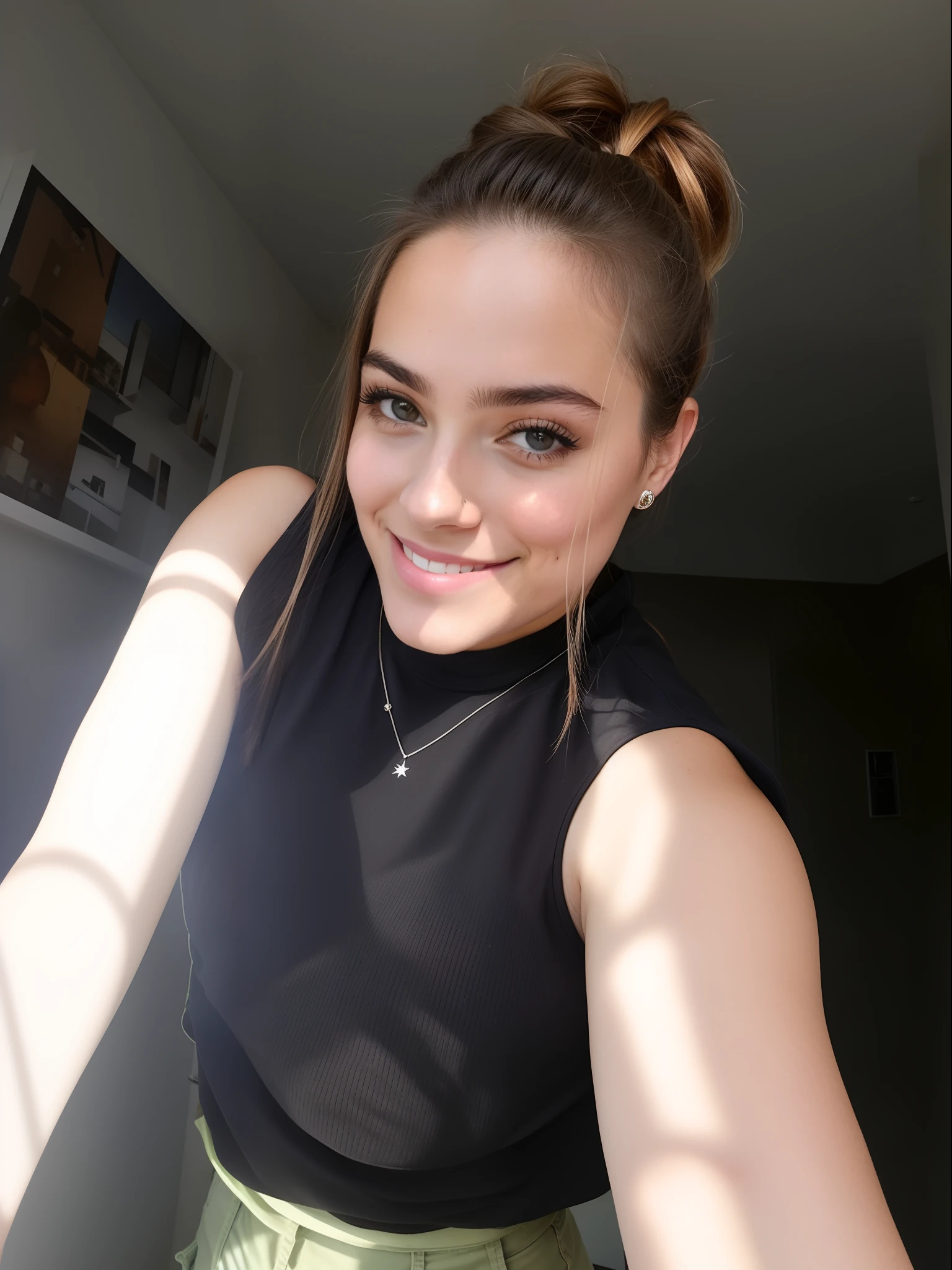 there is a woman that is taking a selfie in the mirror, imagem de qualidade muito baixa, selfie de uma jovem mulher, com o sol brilhando sobre ele, Face is brightly lit, rosto perfeitamente iluminado, nice afternoon lighting, she is wearing a black tank top, she's facing the camera, smiling at camera, Fotografia selfie 8k, 1 8 I
