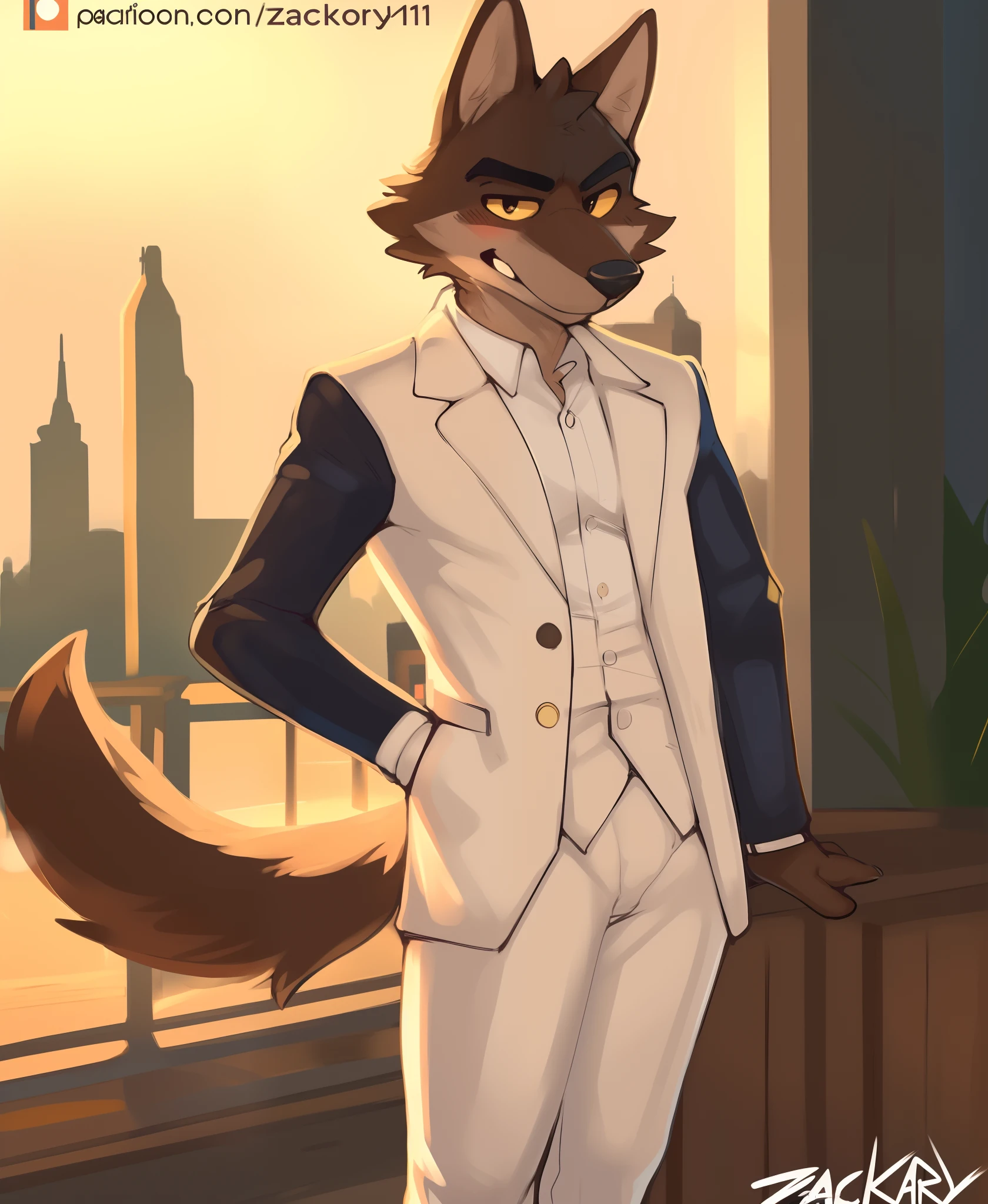 ((Perfect anatomy, detailed eyes, detailed legs, detailed arms, detailed tail, detailed body, detailed face)), Mr Wolf, (The bad guys), 1male, brown furs, yellow eyeballs, black eyes, white suit, by Zackary911, Zackary911