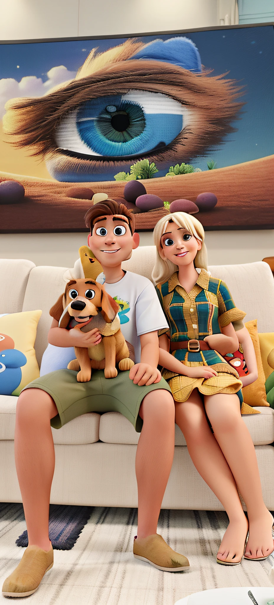 There are two people sitting on a couch with a disney pixar style dog, alta qualidade, melhor qualidade
