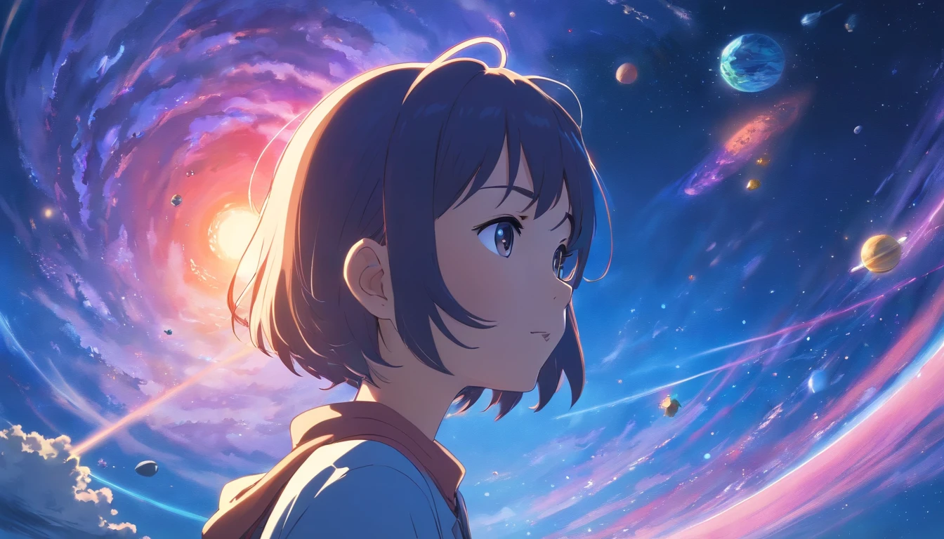 Anime Girl in space with text stop overthiking, dreamy psychedelic anime, esmagador, Elogio Artstyle, aesthetic award winning anime, Arte no estilo de Guweiz, arte em alta de anime, Transbordando, portrait anime space cadet girl, anime asthetic, anime inspiration, Arrogante, pixiv trending, anime aesthetic, ( ( Makoto Shinkai ) )