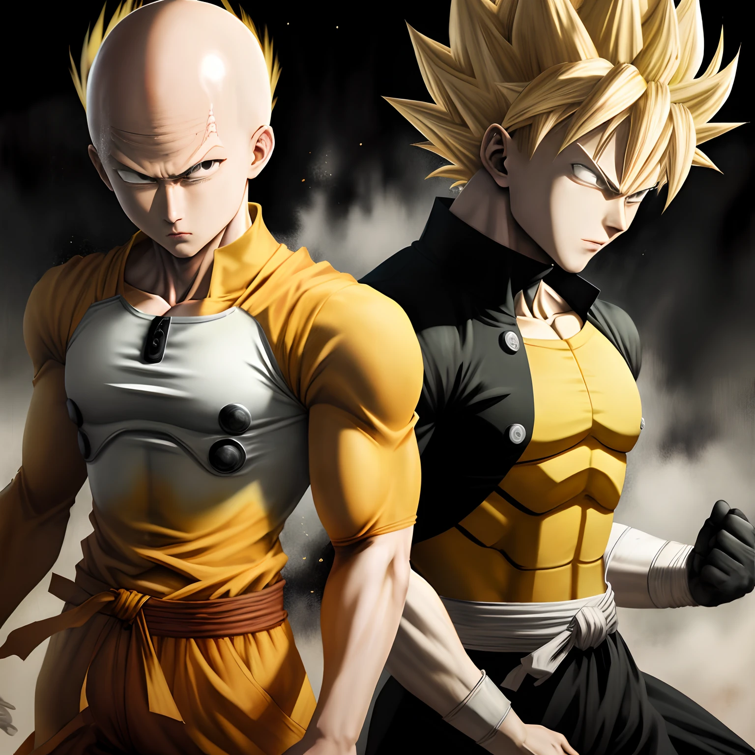 Saitama from One Punch Man, fighting, goku from Dragon Ball Super, art style dragon ball super