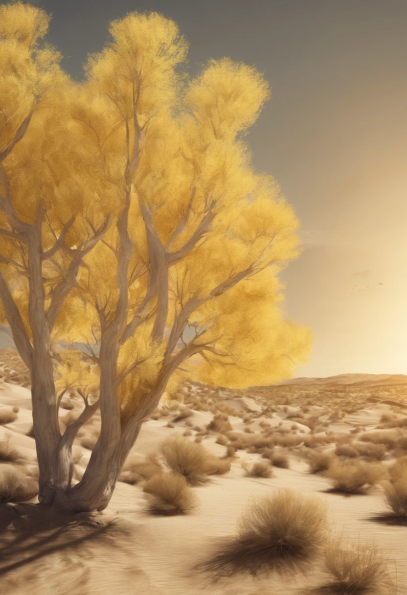 Magazine illustration，((Desert desert))，Patches of yellow-yellow poplar forests，A few tall ones(((Golden poplar tree：1.3)))，Poplar tree，Fallen leaves on the ground，k hd，Sony SLR lens，Master masterpieces，Cinematic lighting lighting，extreme hight detail