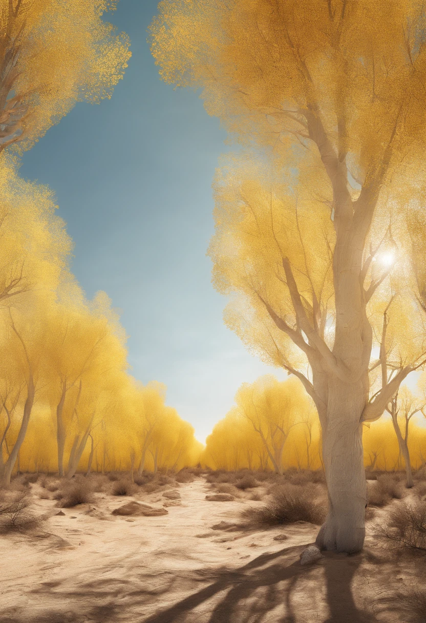 Magazine illustration,((Desert desert)),Patches of yellow-yellow poplar forests,A few tall ones(((Golden poplar tree:1.3))),Poplar tree,Fallen leaves on the ground,k hd,Sony SLR lens,Master masterpieces,Cinematic lighting lighting,extreme hight detail