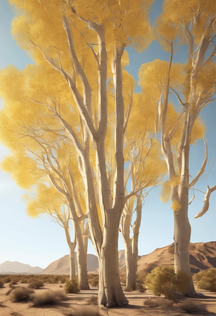 Magazine illustration，((Desert desert))，Patches of yellow-yellow poplar forests，A few tall ones(((Golden poplar tree：1.3)))，Poplar tree，Fallen leaves on the ground，k hd，Sony SLR lens，Master masterpieces，Cinematic lighting lighting，extreme hight detail
