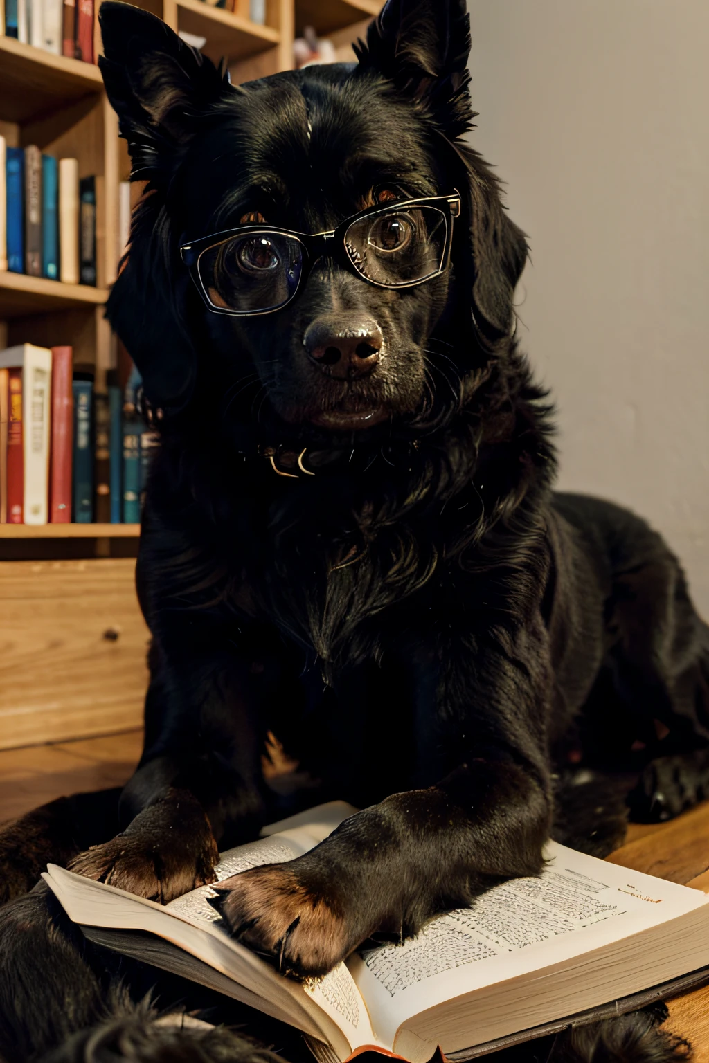 cute black dog with glasses readinng book