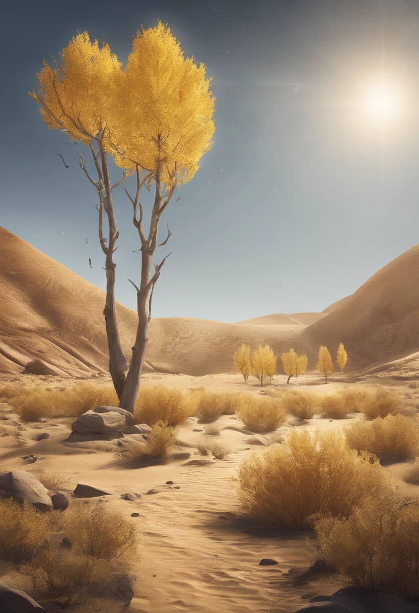 Magazine illustration,((In the desert:1.3)),Patches of yellow-yellow poplar forests,A few tall ones(((Golden poplar tree:1.3))),Poplar tree,Fallen leaves on the ground,k hd,Sony SLR lens,Master masterpieces,Cinematic lighting lighting,extreme hight detail
