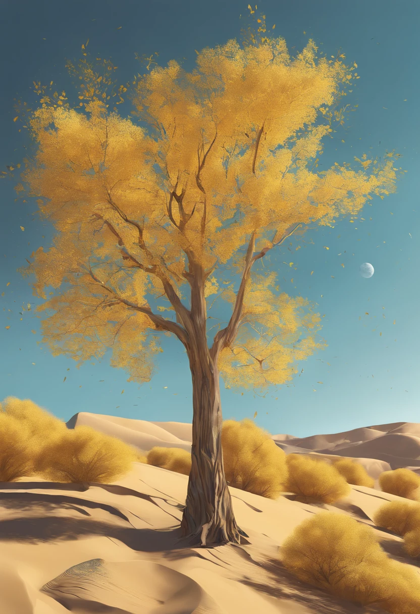 Magazine illustration,((In the desert)),Patches of yellow-yellow poplar forests,A few tall ones(((Golden poplar tree:1.5))),Poplar tree,Fallen leaves on the ground,k hd,Sony SLR lens,Master masterpieces,Cinematic lighting lighting,extreme hight detail