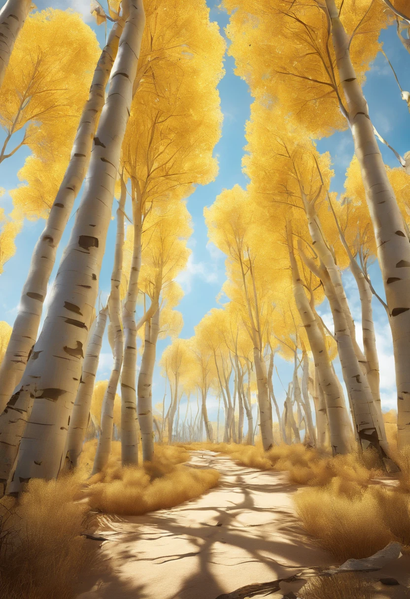 Magazine illustration,((In the desert)),Patches of yellow-yellow poplar forests,A few tall ones(((Golden poplar tree:1.5))),Poplar tree,Fallen leaves on the ground,k hd,Sony SLR lens,Master masterpieces,Cinematic lighting lighting,extreme hight detail