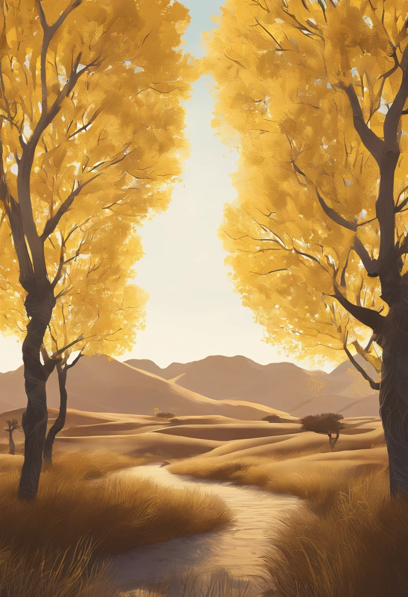 Magazine illustration,((In the desert)),Patches of yellow-yellow poplar forests,A few tall ones(((Golden poplar tree:1.5))),Poplar tree,Fallen leaves on the ground,k hd,Sony SLR lens,Master masterpieces,Cinematic lighting lighting,extreme hight detail