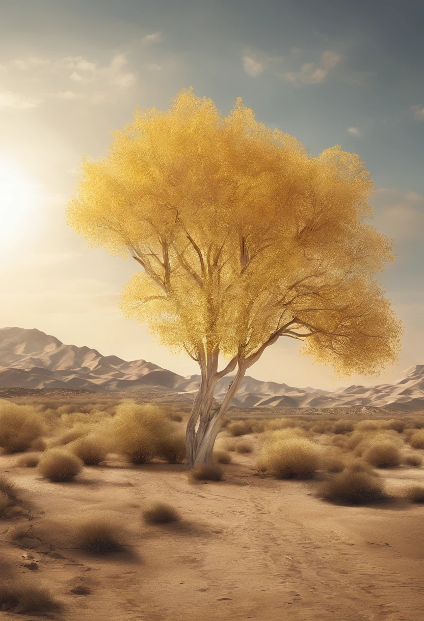 Magazine illustration，((In the desert))，A few tall ones(((Golden poplar tree：1.3)))，Patches of yellow-yellow poplar forests，Poplar tree，Fallen leaves on the ground，k hd，Sony SLR lens，Master masterpieces，Cinematic lighting lighting，extreme hight detail