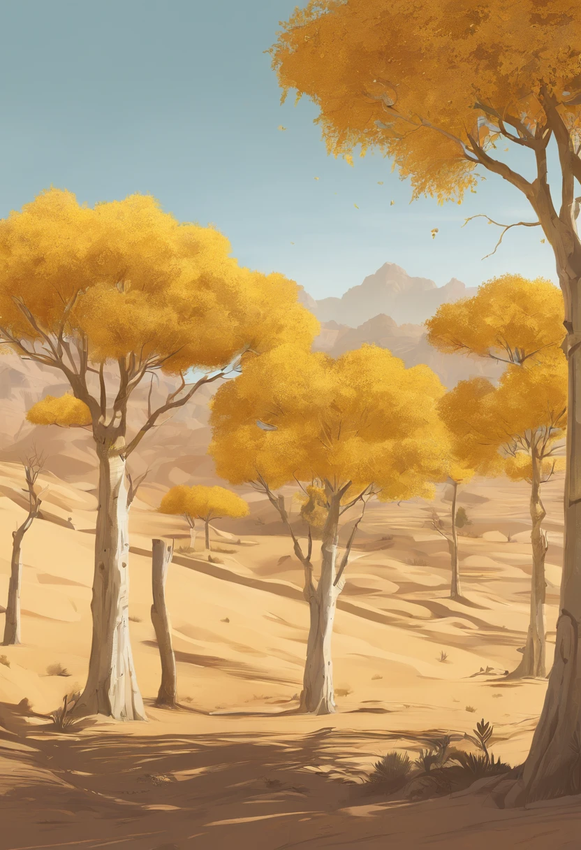 Magazine illustration,((In the desert)),A few tall ones(((Golden poplar tree:1.3))),Patches of yellow-yellow poplar forests,Poplar tree,Fallen leaves on the ground,k hd,Sony SLR lens,Master masterpieces,Cinematic lighting lighting,extreme hight detail
