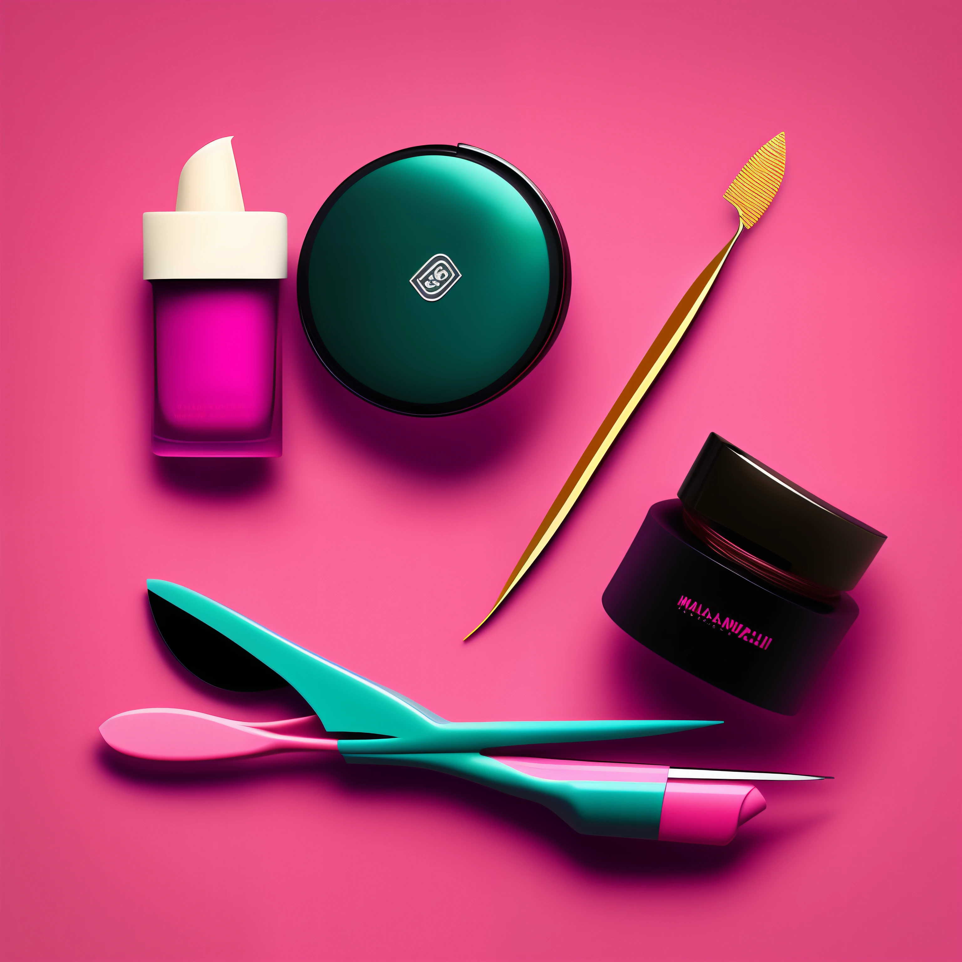 Imagem Pixar IA! Beauty salon pink background with tweezers and nail polishes, mulher de jaleco cor de rosa, Red glasses, cabelo preto liso!