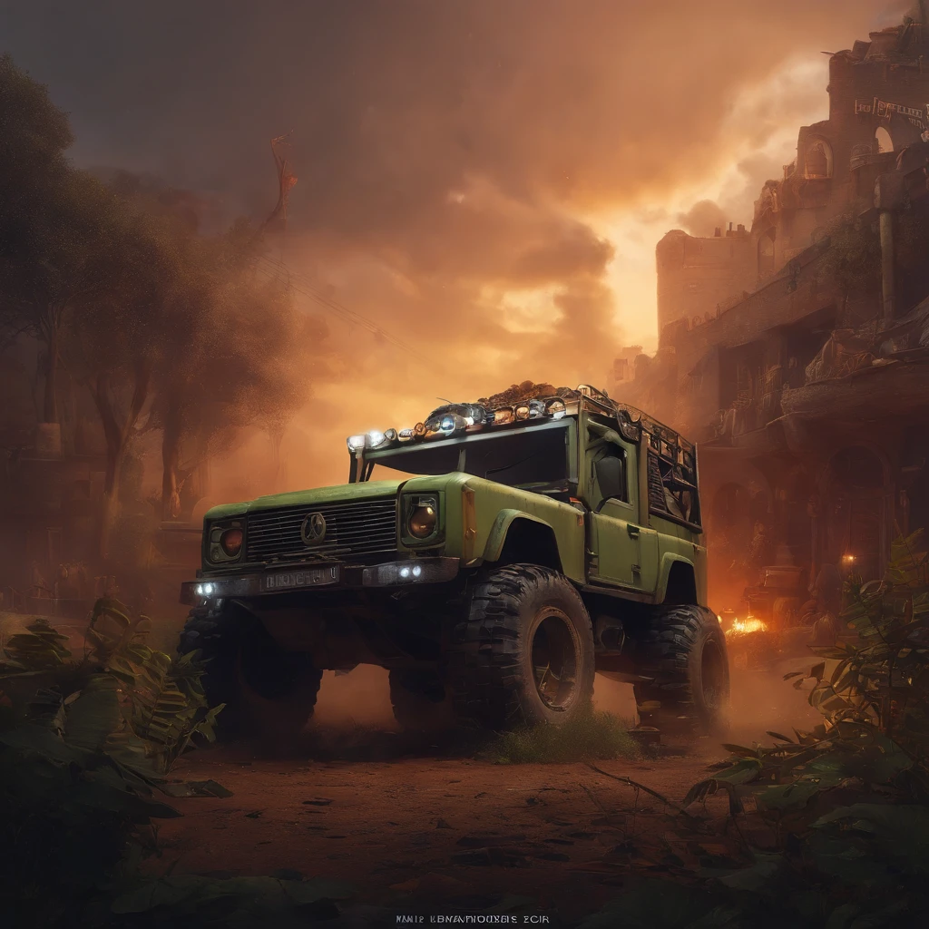 Carro velho enferrujado em blocos com um barraco de madeira com um telhado de chapa de metal ao fundo. Por Pascal Blanche, Neil Blevins, Thomas Kinkade, apocalyptic color palette, trending on ArtStation, fotorrealista, Atmosfera Neon, ultra detalhado, High definition, profundidade de campo, Bokeh, escombros, wild vegetation, building crumbling