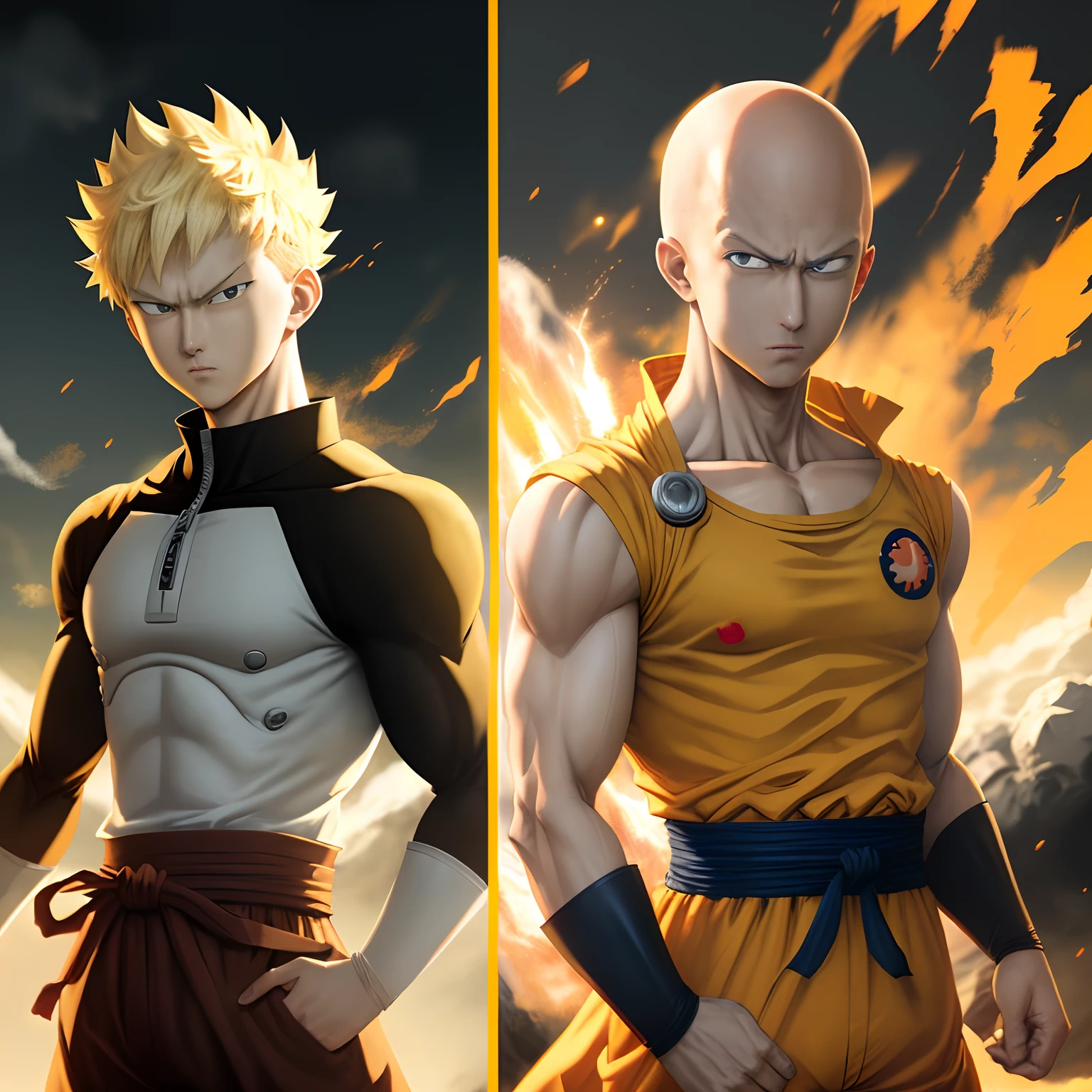 Saitama from One Punch Man, fighting, goku from Dragon Ball Super, art style dragon ball super