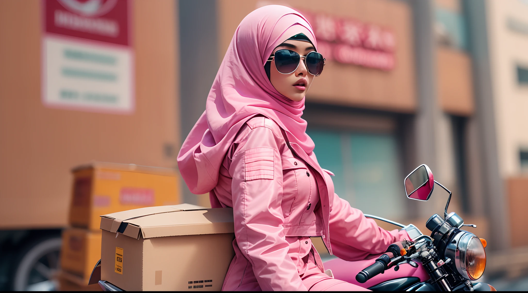 Slim and Medium breasted malay woman in hijab with pink jacket ride a pink delivery motorcycle very fast, pink food delivery motorcycle, foodpanda delivery, panda emblem at delivery box, pink delivery box, sunglasses, sci-fi, with gun, pink explosions behind, big pink explosion, dramatic scene, movie poster, 30mm lense, wide Establishing shot, muted color grading, cinemascope, high quality, using Panavision DXL2 camera,