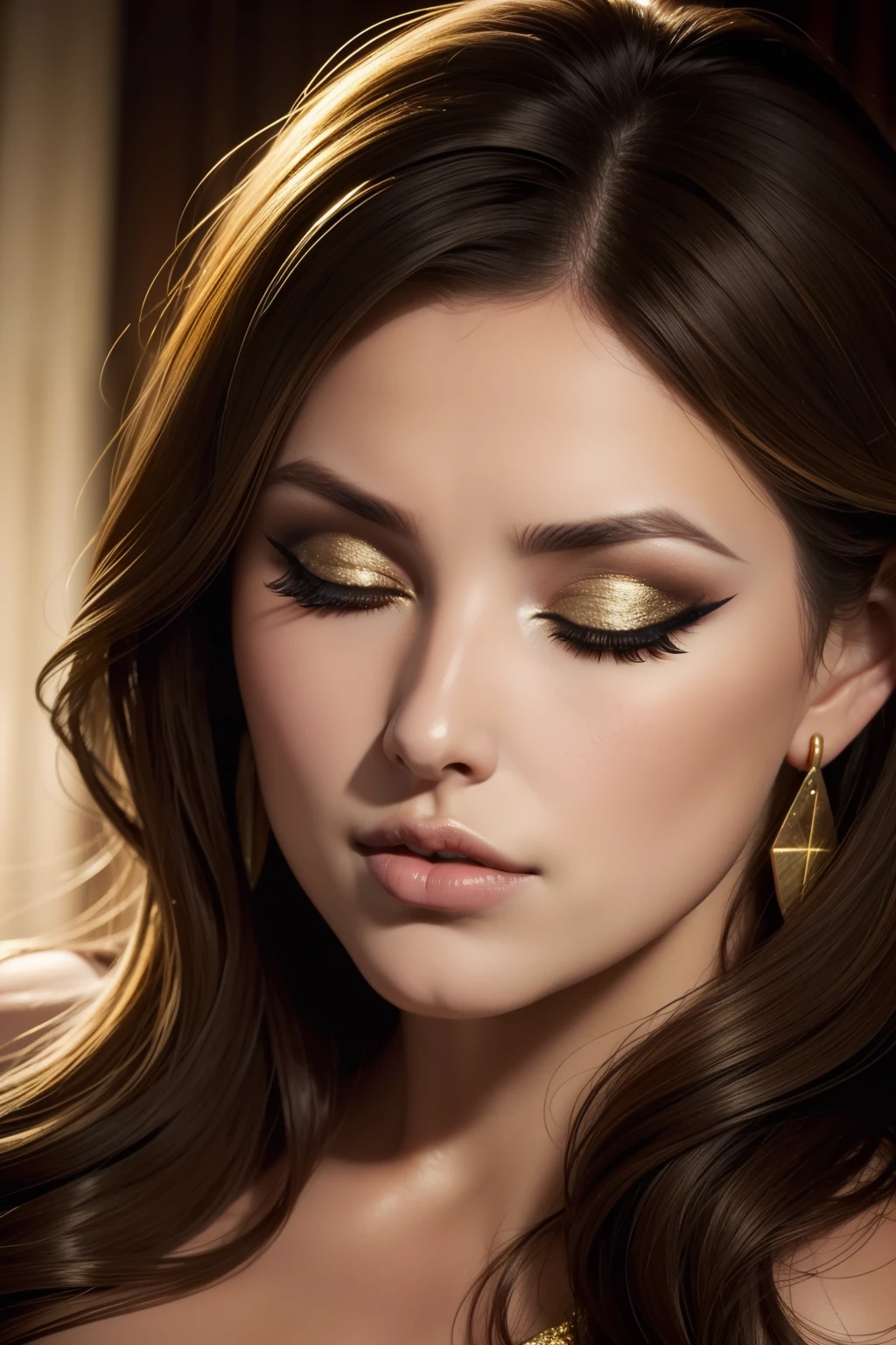 lucy pinder, face portrait, gold lipstick, mouth wide open, eyes closed, ((Very intense makeup)), chubby woman, Melora hardin