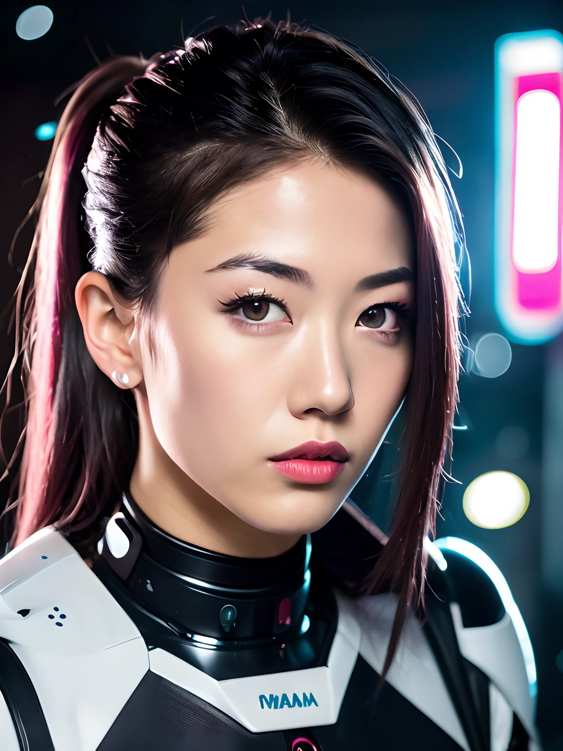Foto de retrato de uma jovem japonesa, japanese, wearing tech clothes, cyberpunk style, half human half robot, (risos:0.7), posando, Looking at a camera, cabelo rosa rabo de cavalo, fundo complexo da cidade, retroiluminado, (cinemactic:1.5), epic realistic, hiperdetalhado, detalhes insanos, detalhes intrincados, highlight lighting, volumetric soft light, bokeh, (dramatic light:1.2), (cores neutras:1.3), processo cruzado