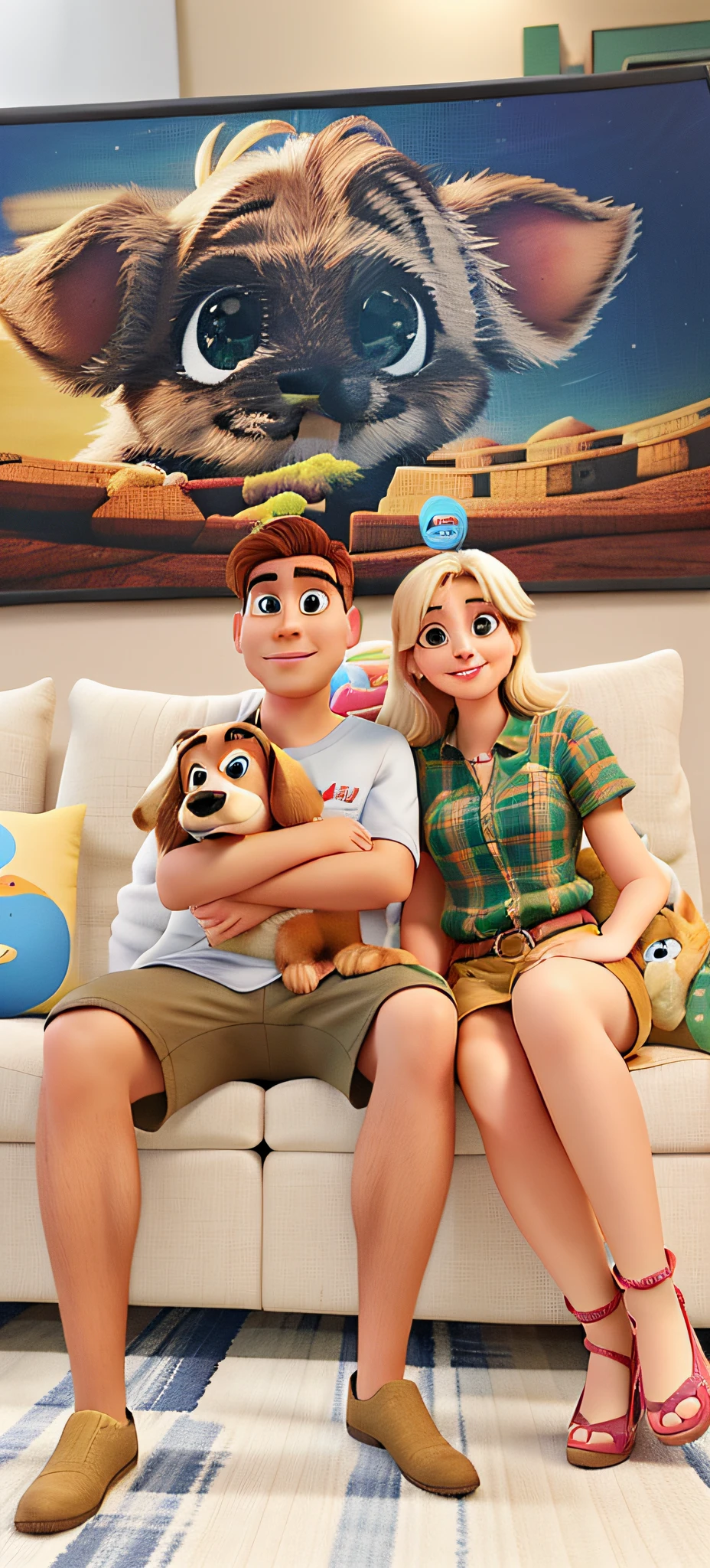 There are two people sitting on a couch with a disney pixar style dog, alta qualidade, melhor qualidade