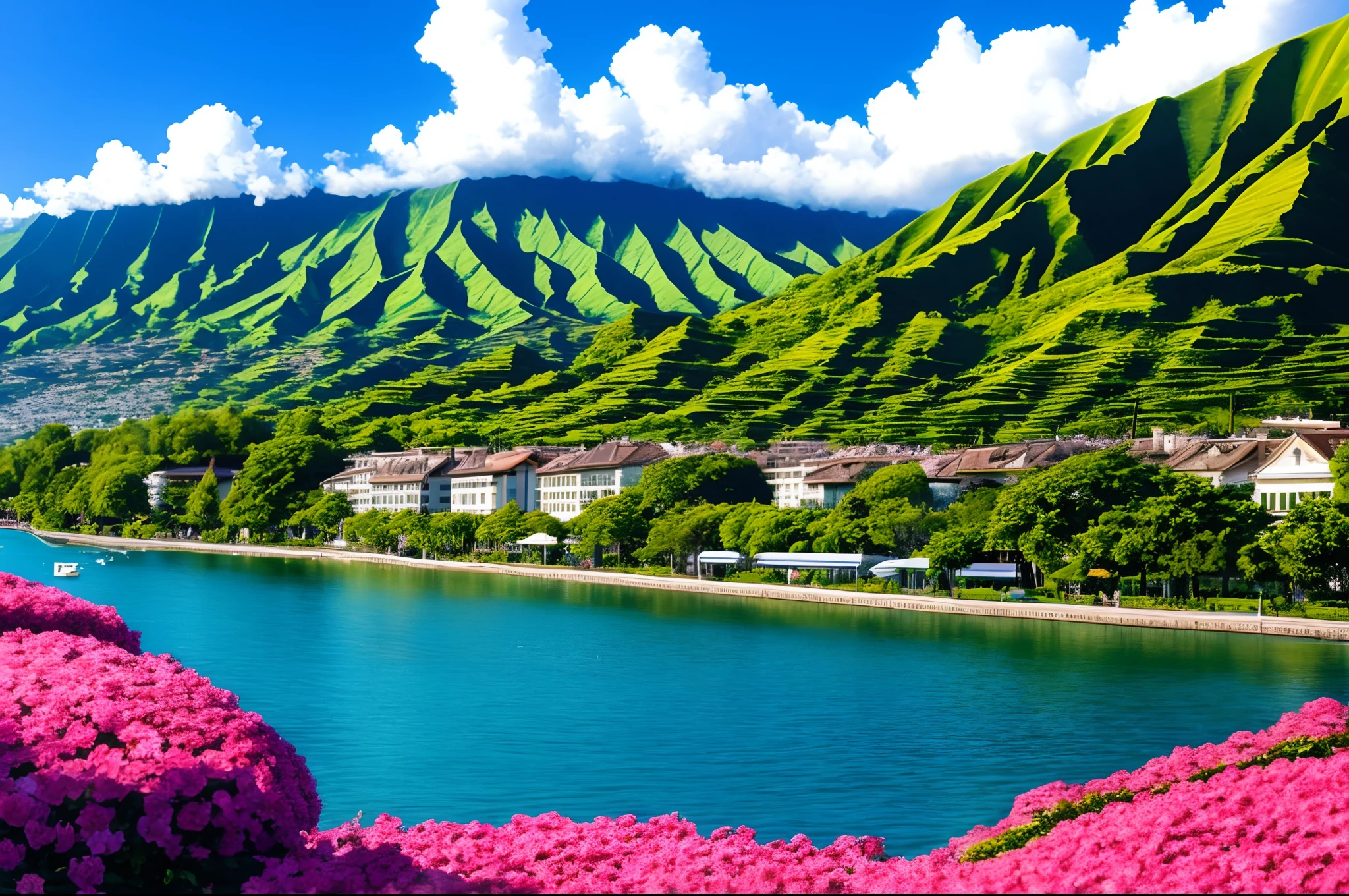 Hawaiian-style logo, Lake Geneva background, fleurs de safran, name Léman Safran