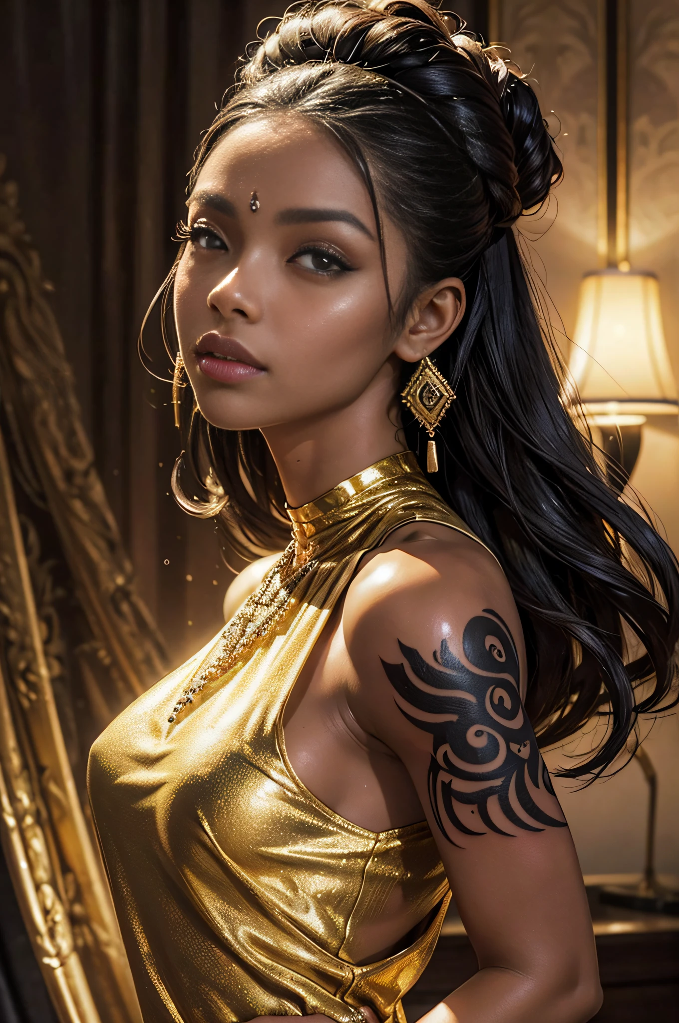 Textures: 1.5, gold: 1.1, white: 1.3, red: 1.3, (indonesian woman), sexy, tattoos, voluptuous, exotics, erotic, (power puffer clothes: 1.2), 3d graffitti, abstract, lines, (batik) , (balinese art), (balinese culture), background circles, by Adam Hughes, art by Jay Anacleto