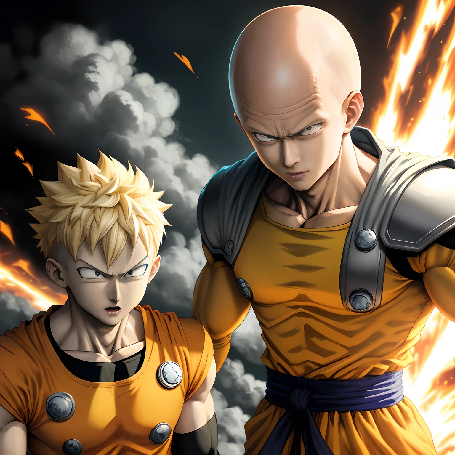 Saitama from One Punch Man, happy after beating, goku from Dragon Ball Super, in a fight, art style dragon ball super