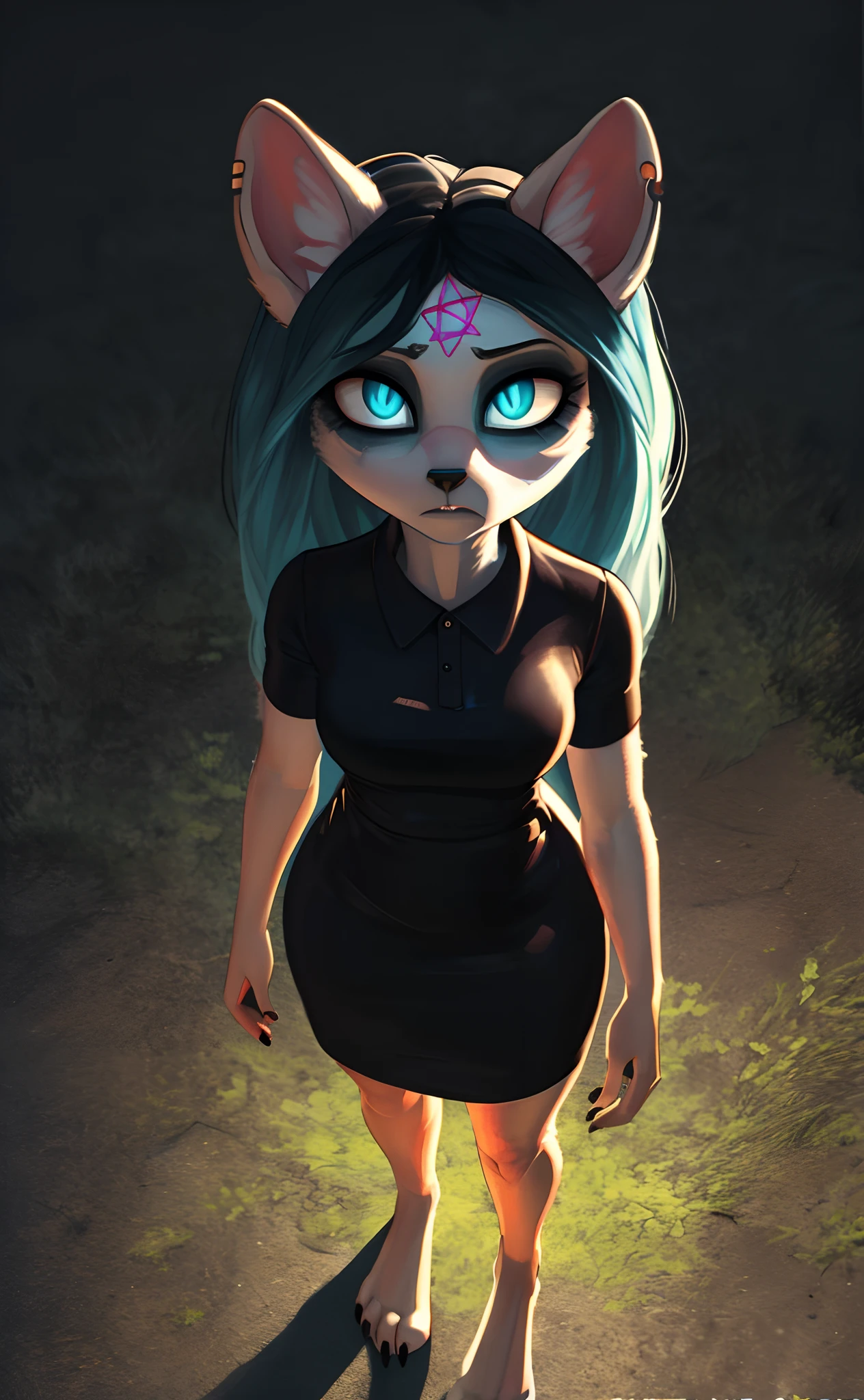 [Claire (the summoning)], [Uploaded to e621.net; (Pixelsketcher), (wamudraws)], ((masterpiece)), ((1girl)), ((solo portrait)), ((full body)), ((bird's-eye view)), ((furry; anthro)), ((detailed fur)), ((detailed shading)), ((beautiful render art)), ((cinematic lighting)), ((horror)), ((menacing)), {anthro; (slim figure), white fur, black nose, (cut on left ear), long blue hair, (bang over left eye), (pink glowing pentagram on forehead), (cute cyan cat eyes), (glowing eyes), (slit pupils), (gorgeous hips), (beautiful legs), (beautiful feet), (black claws), (expressionless)}, {(short sleeve black white-collared shirt), (tight short bodycon dress)}, {(standing), (arms at side), (looking up at viewer)}, [background; (park), (nighttime), (ambient lighting)]