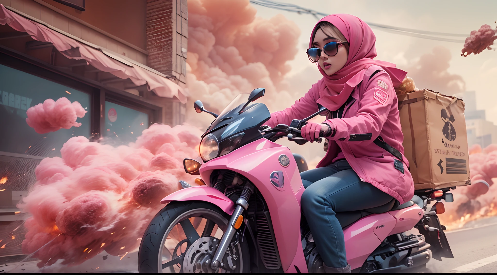Slim and Medium breasted malay woman in hijab with pink jacket ride a pink delivery motorcycle very fast to escape from explosion, pink food delivery motorcycle, foodpanda delivery, panda emblem at delivery box, pink delivery box, sunglasses, sci-fi, with gun, pink explosions behind, big pink explosion, lot of pink smoke effect, dramatic scene, movie poster, 30mm lense, wide Establishing shot, muted color grading, cinemascope, high quality, using Panavision DXL2 camera,