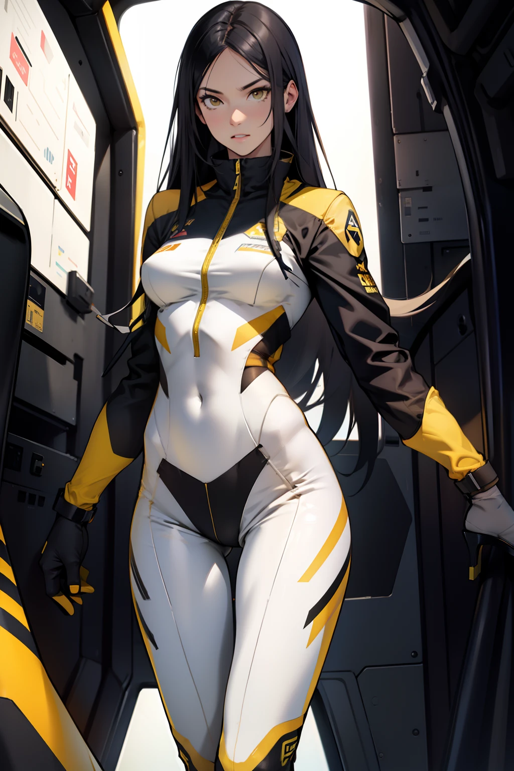 all yellow, yellow tight uniform, yellow pilot suit, yellow yoga pants, tight