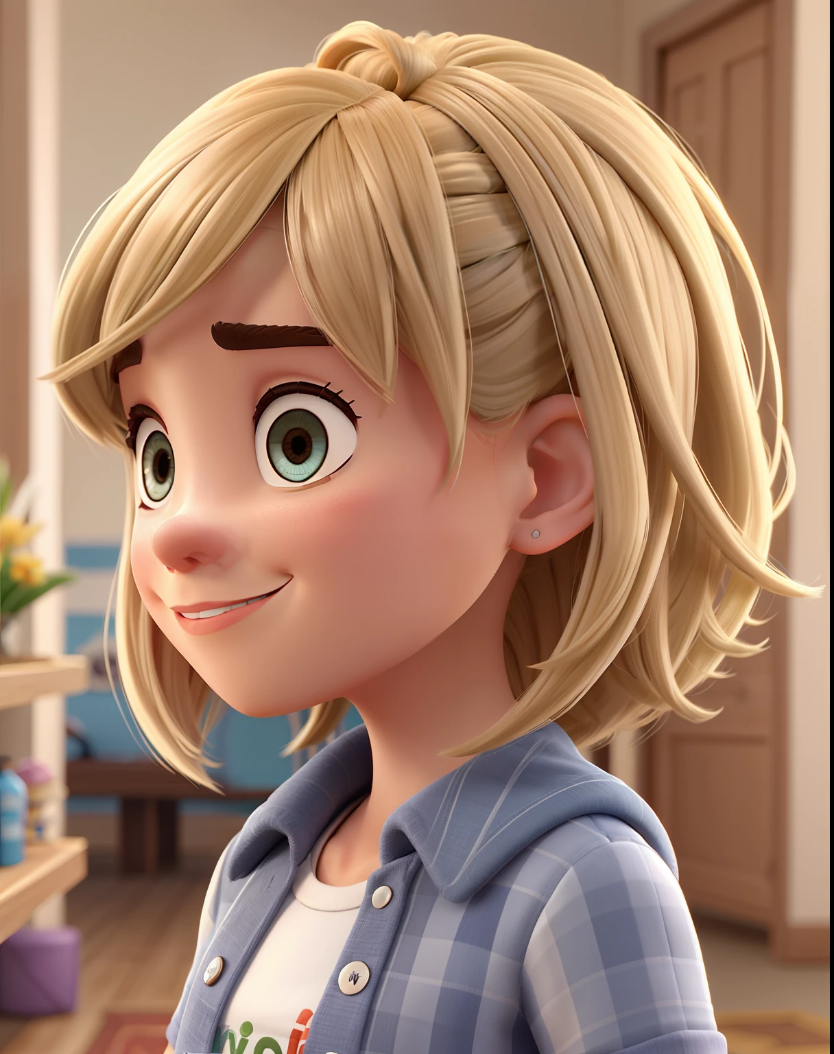 Crie uma imagem no estilo disney pixar de uma corretora de imoveis da Spin Inovacoes imobiliarias , ela deve ter em media de 1,50 de altura , um rosto carivante , um naris pequeno e bem desenhado , cabelo loiro na altura dos combros com o corte long bob, oculo de grau estiloso com a base redonda e uma pate afunilada nas laterais