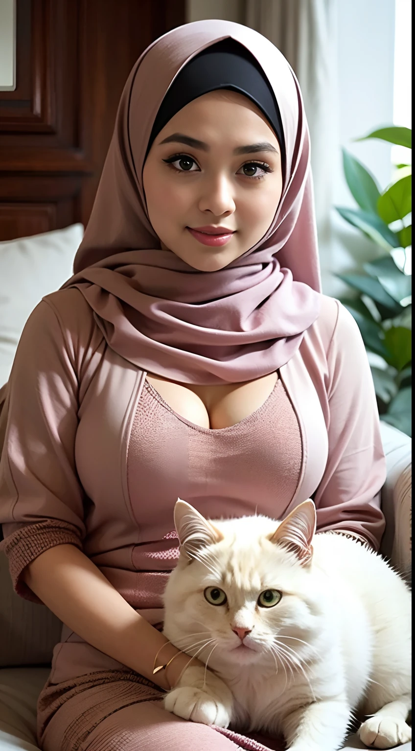 RAW, Best quality, high resolution, Masterpiece: 1.3), Beautiful Malay woman in hijab, Masterpiece, Design a heartwarming scene as the young Malay woman interacts with her beloved cat pet, big fluffy white persian cat, beautiful woman with beautiful small petite body, big breast, small petite body, showcasing the bond between them in a cozy home setting, bright lighting, happy,