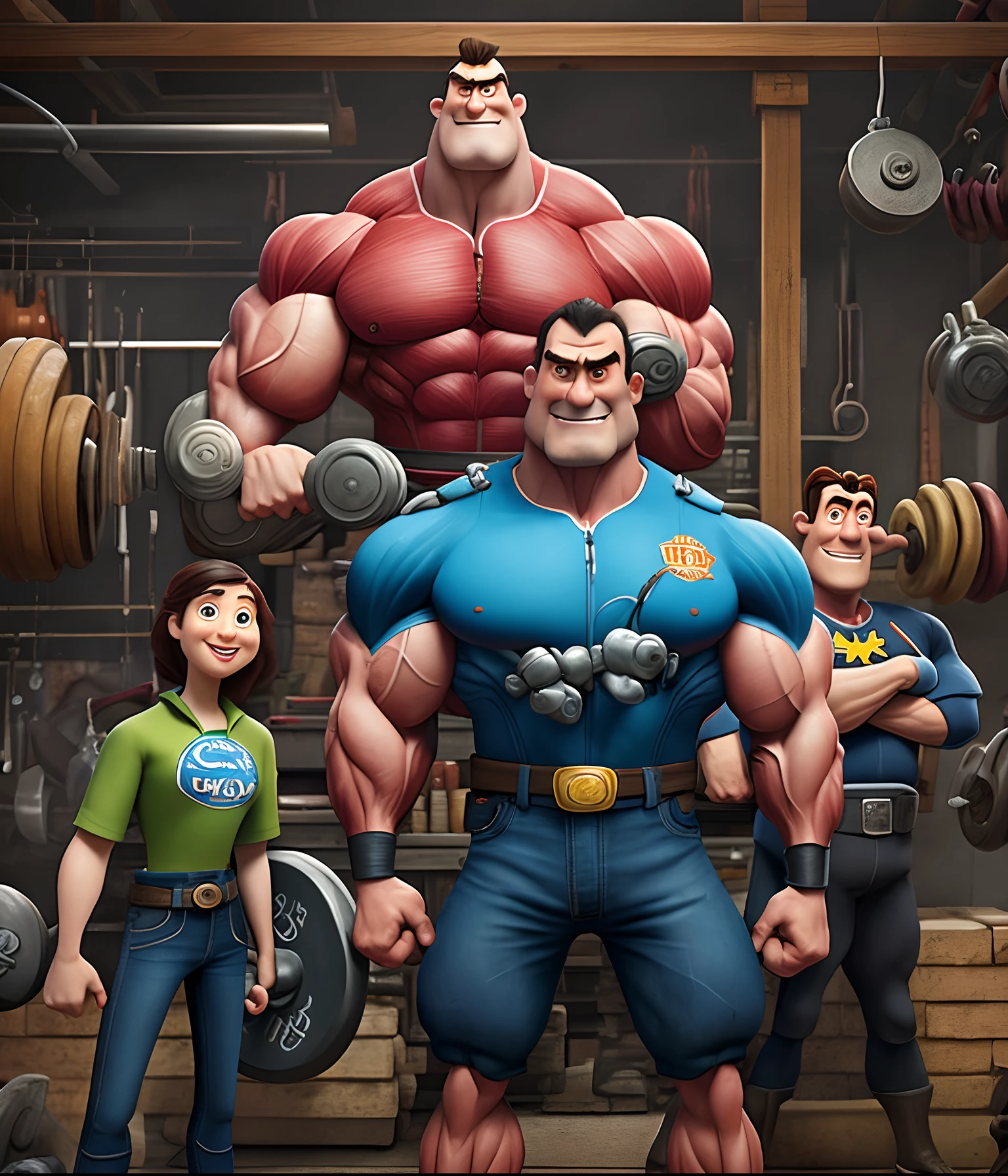 Poster for the film inspired by Disney Pixar with the title "TEAM MASTER 01". There are four men standing in a garage with their arms crossed, muscular! CrossFit, Crossfit Atl
ethical build, strong and tall, incredibly strong and tall, super buff and cool, tall and strong, tall and muscular, athletic and strong, handsome guys tall and athletic, very buff, 45 year old men, strong and imposing, big des muscles, strong and muscular The scene must follow the artistic style similar to Pixar, focusing on the characters' expressions, vibrant colors, detailed textures and characteristics of their animations.