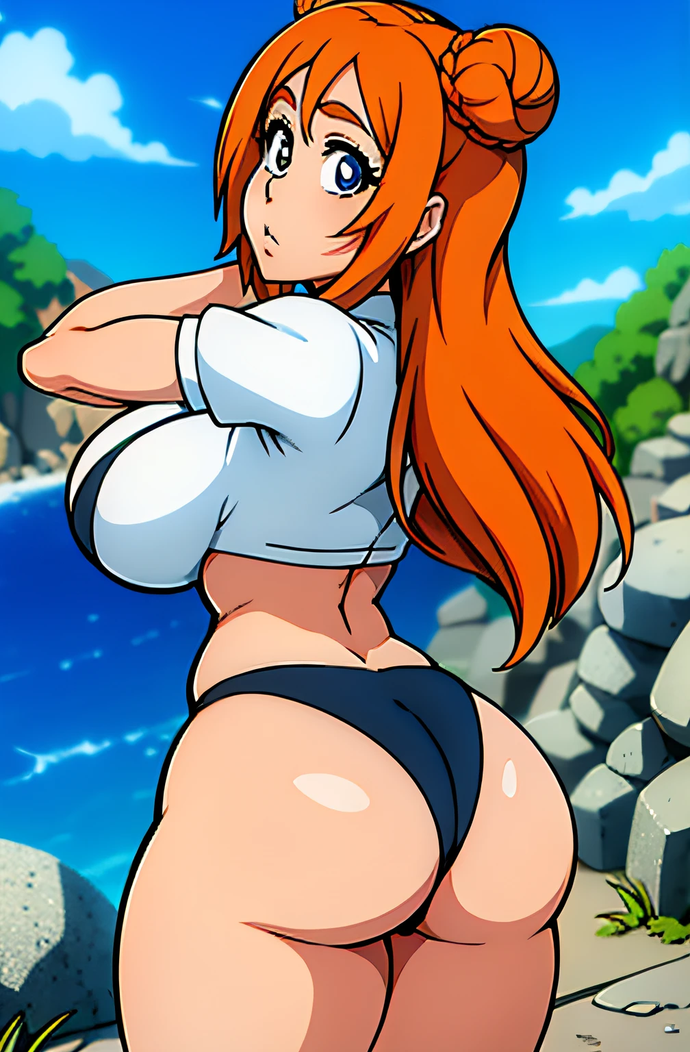 anime em uma saia com uma bunda grande, thicc, saia realist, is wearing a bra, Oppai, Coxas!!!, foco nas coxas, Ecchi, Coxas!!!!!!, fofosexyrobutts, Round thighs, saia de colegial, various pose, Coxas fechadas, Oppai proportions, de costas, from behind, bunda empinada