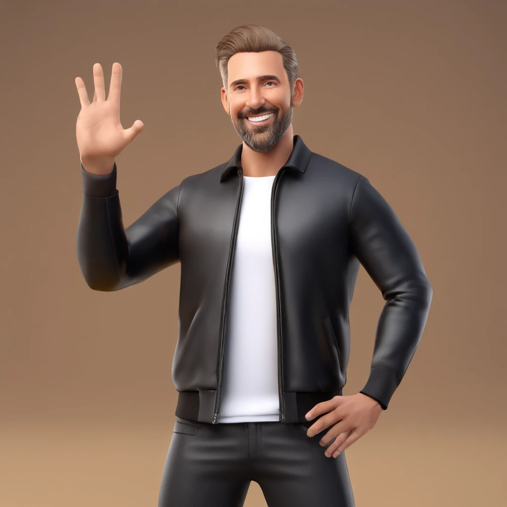 young man 44 years old, 1.72 tall, smiling and waving his hands. light brown hair, combed back and to the side. pointy ears. black shirt, black leather jacket, black pants and black nike sneakers.
