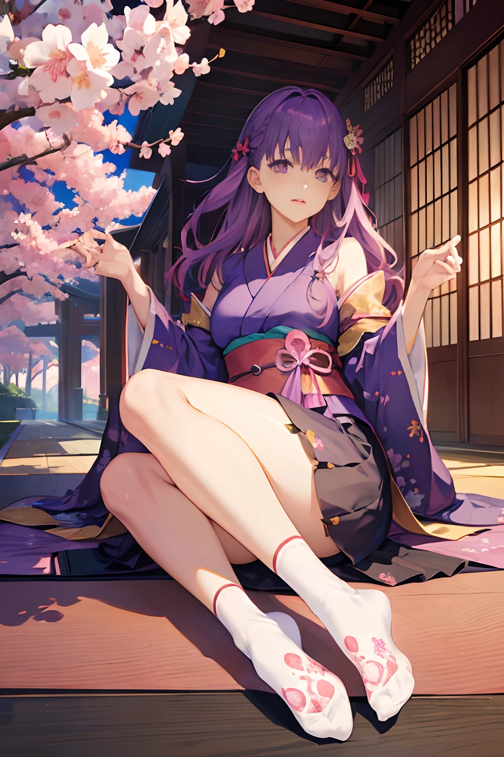 ((Sakura Matou)), (kimono), (tabi socks) (long purple hair), (Sakura Fate), (anime), (beautiful), (Detailed Feet), (Illustration), (High Resolution), (8K), (Very Detailed), (Best Illustration), (Beautiful Detailed Eyes), (Best Quality), (Super Detailed), (Masterpiece), (Detailed Face), Solo, Japanese House Background