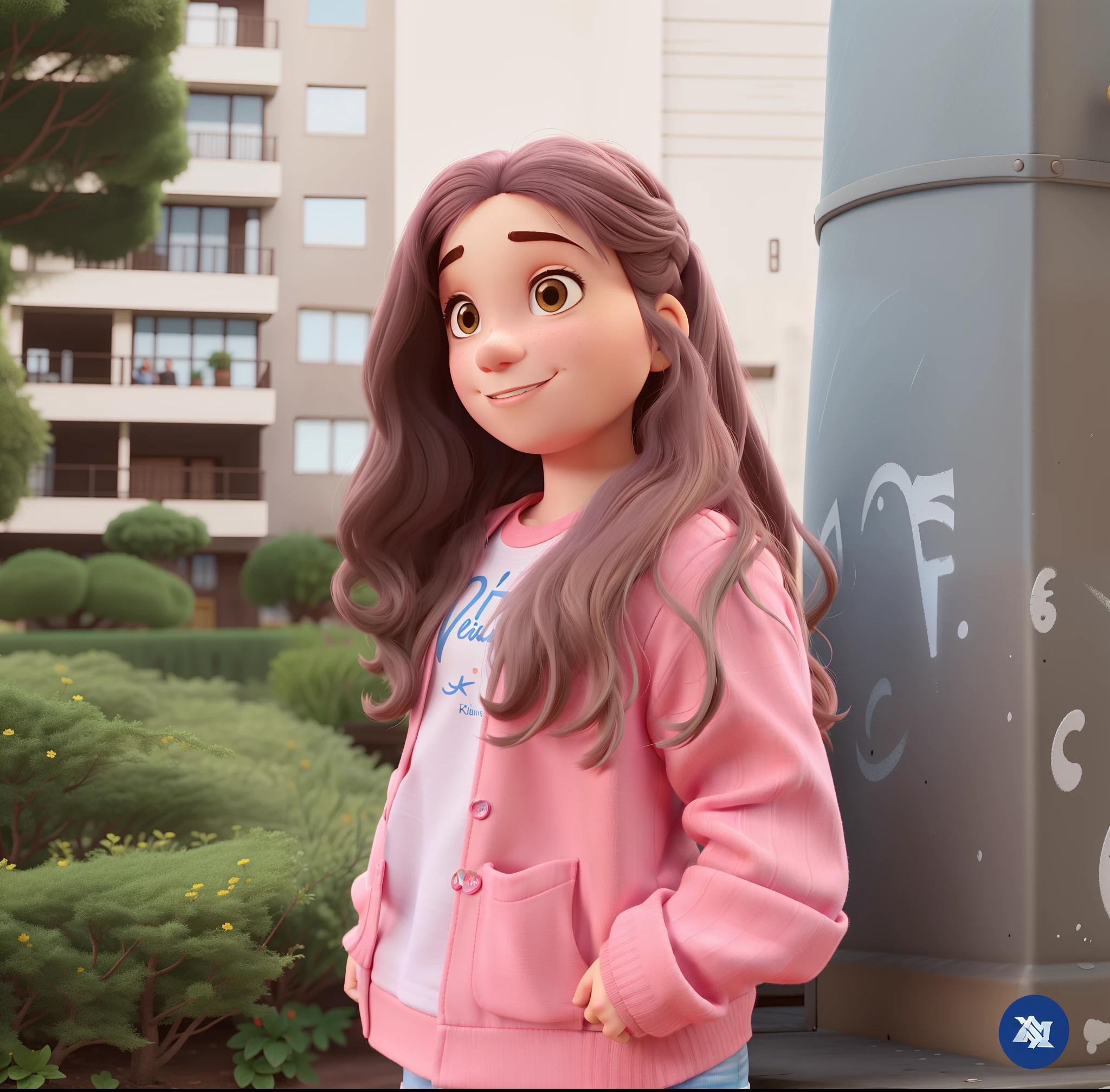 loira, estilo Disney pixar, com blusa rosa, cabelo solto, escorada em um poste