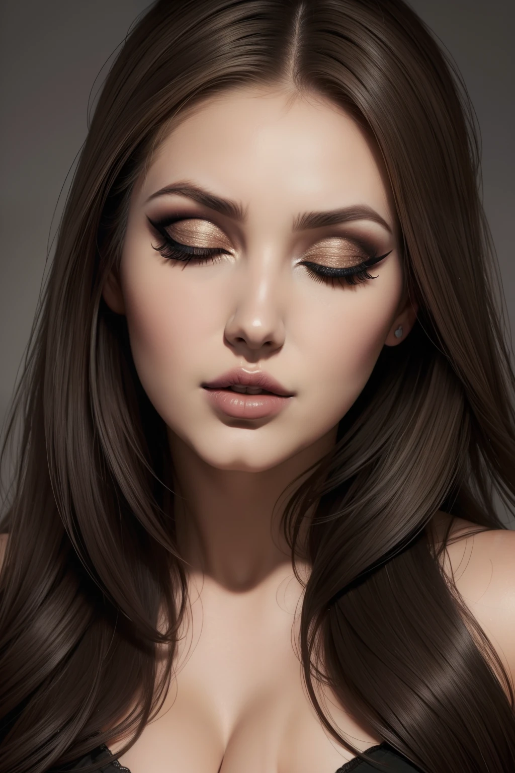 lucy pinder, face portrait, gray lipstick, mouth wide open, eyes closed, (( VERY INTENSE MAKEUP)), ((MAKEUP)), chubby woman, ADele