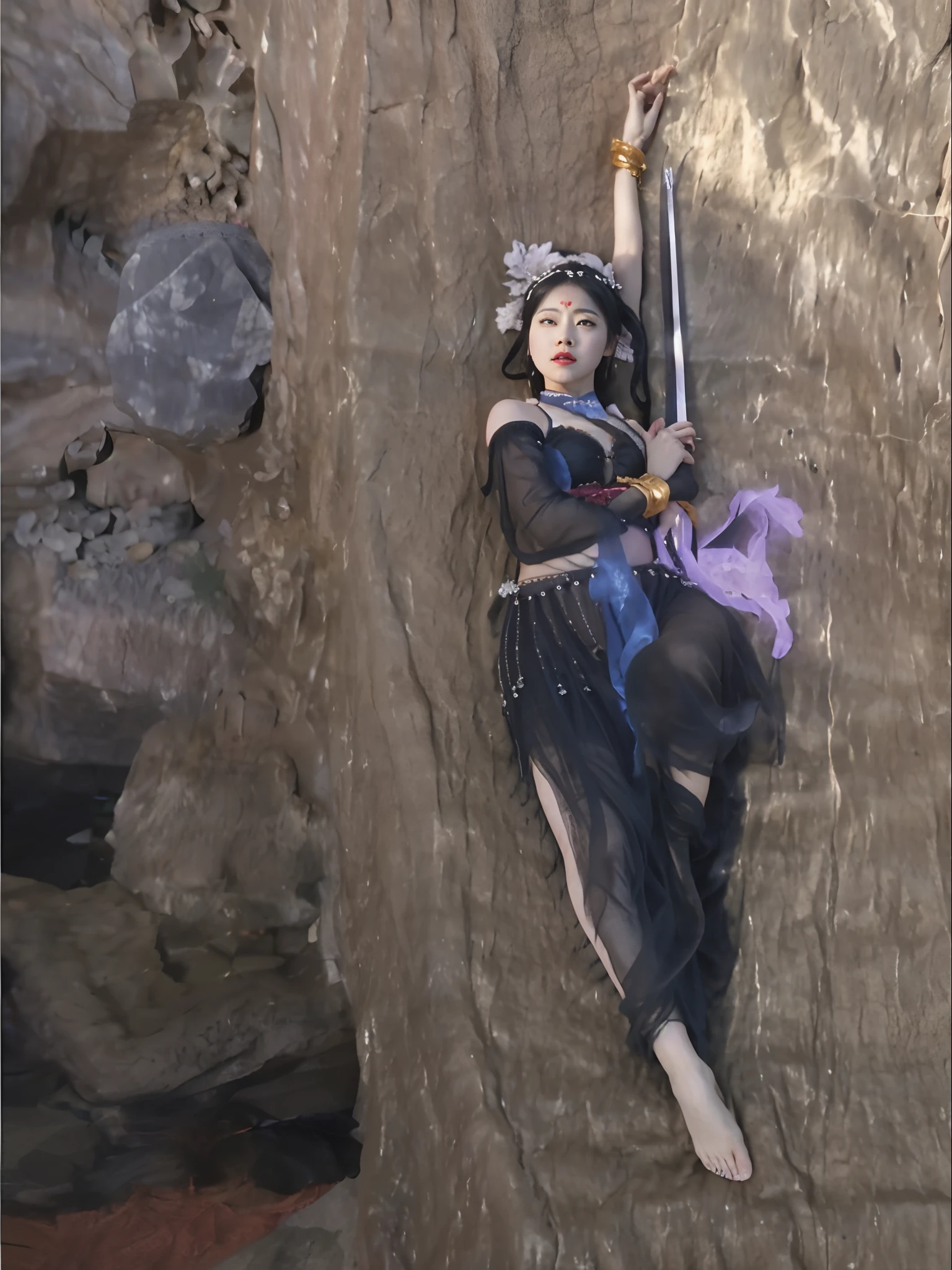 There is a slain Asian succubus lying on the ground with a sword, Wearing a black belly dance costume，She lay on her side, fantasy movie still, Dead succubus, With his eyes closed, Li Tang hairstyle，full-body wuxia, Big chest，cropped shoulders，open waist，Bare chest，show legs，heavy  makeups，Enchanting seduction。Journey，long fingernails，lying on the ground, movie screencap,Lie outside the cave, full-body xianxia,!!!!