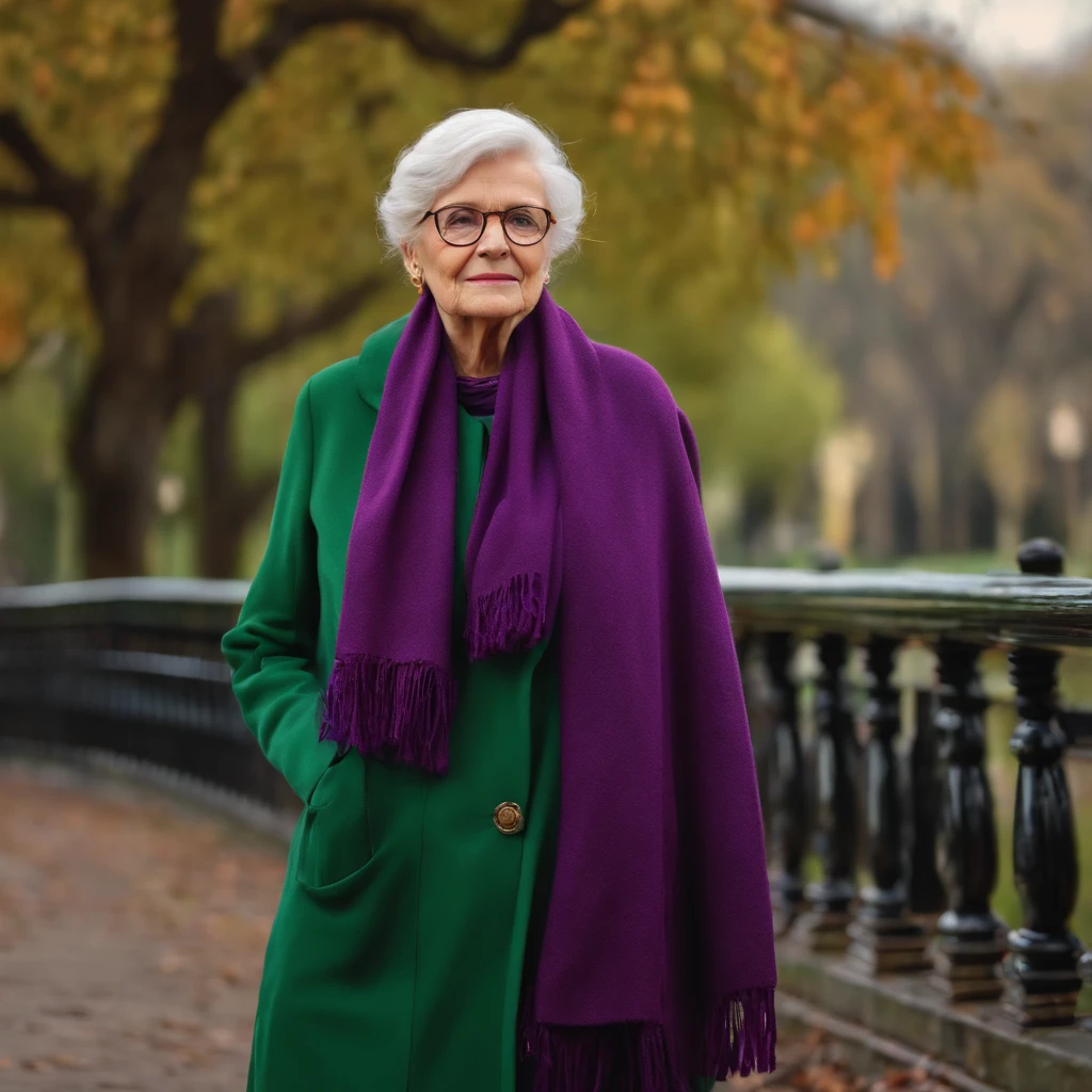 masterpiece, best quality, an old woman with glasses and a scarf on, wearing a purple coat and green scarf, standing at the park