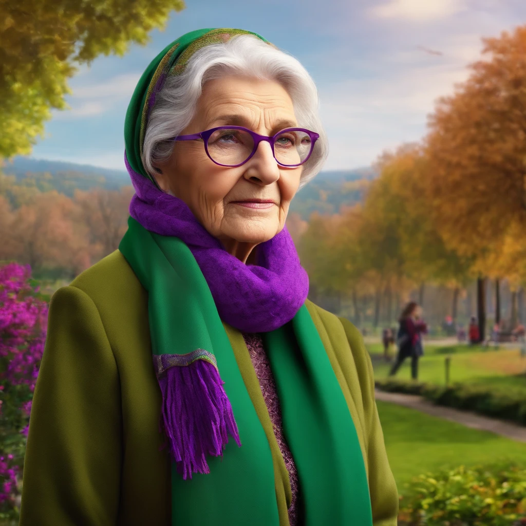 masterpiece, best quality, an old woman with glasses and a scarf on, wearing a purple coat and green scarf, standing at the park