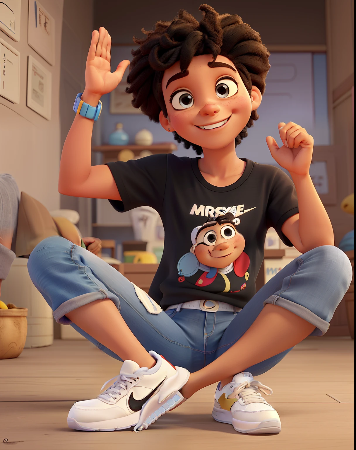 Crie um personagem do filme da Disney Pixar negro 35 anos,Pretti Hairs, Sobrancelhas destacadas, olhos castanhos escuro,camisa cinza, jeans, Nike long-top sneakers. sorridente, With hands waving goodbye