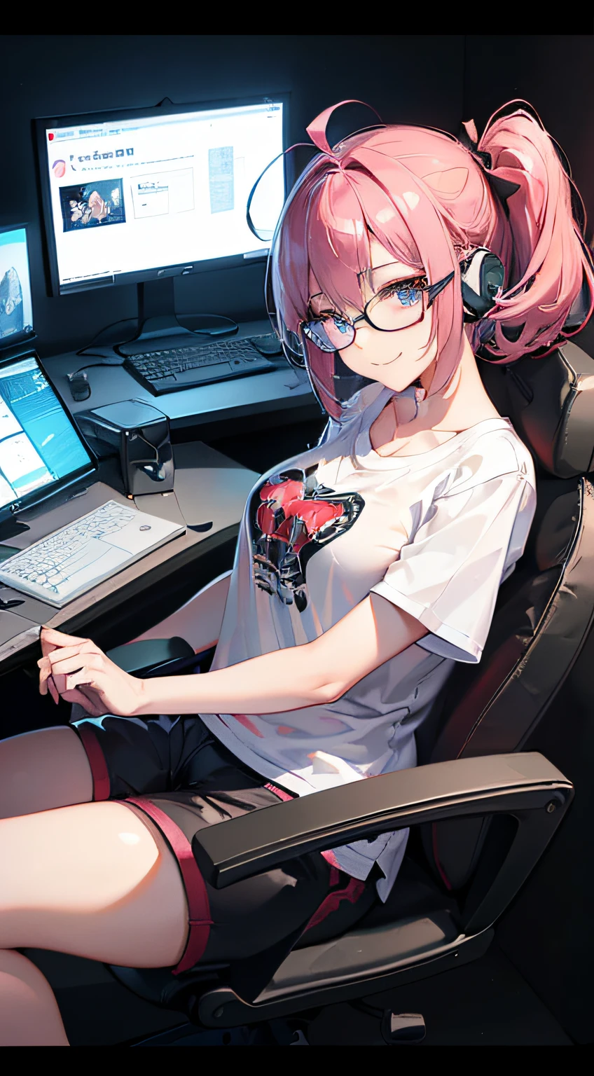 ((top-quality)),(An unparalleled masterpiece),(Super exciting),(Unified 8K),(extremely clear),(Very sophisticated),(Anime-like),(Photo 2D)、portrait of a full body、japanaese girl、a baby face、Pink short ponytail、Hair Ribbon、Ahoge、drooing eyes、blue eyes、long eyelashes、tthin eyebrows、Beautiful breasts、Illustrated short-sleeved T-shirt、hotpants、Gaming Chair、Black glasses、games、Large monitor background、head phone、emphasis on the buttocks、Smiling smile、Keep your mouth shut、Are sleeping、reclined、Hide your arms behind your head