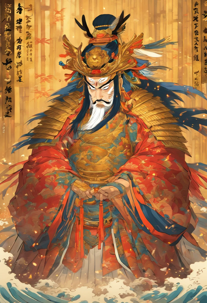 Armor of War, Duan, Bamboo,His Majesty the Emperor of Japan, feudal era japan, ((The Emperor on his knees)), shui mo hua, chinese painting style, Thangka style, masutepiece, Weak sunlight, depth of fields, Best Quality