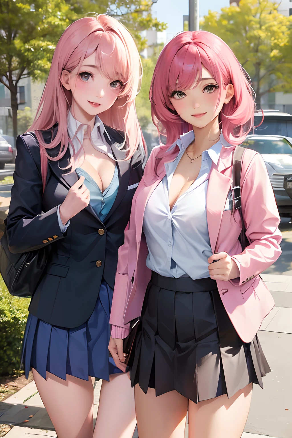 2 girls, realistic, asian, school uniform, pink hqir, library, detailed, alone, cleavage, mini skirt, cleavage, photography, smiling, looking at each other, messy hair