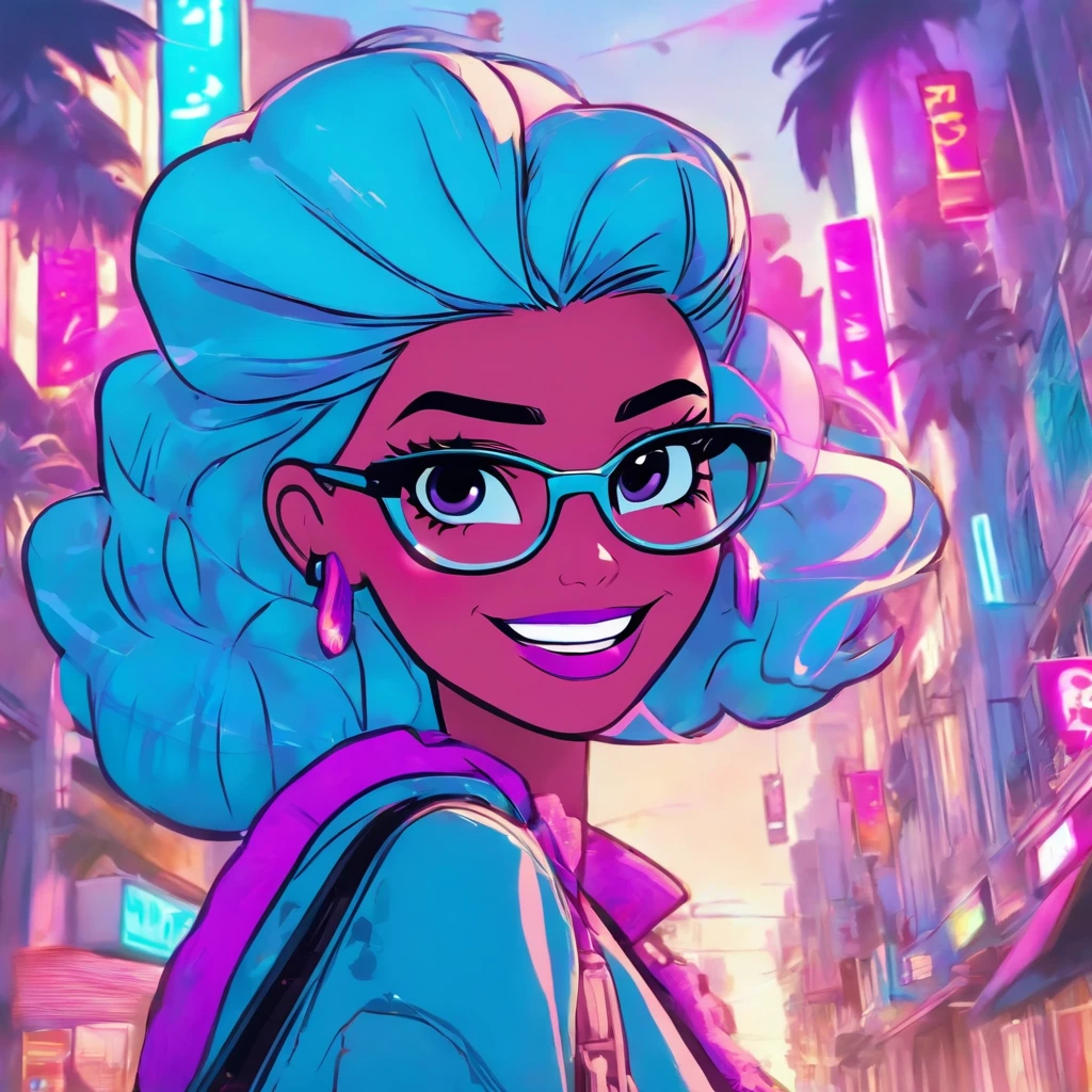 Make another scene with the same style, Barbie is now out of the perfume shop, Now she's holding a perfumery bag, Ela estava prestes a entrar no carro, your car is a Corvette C1, rosa e branco, Corveta C1, Ela usava um vestido xadrez rosa e branco,O pano de fundo mostra uma cidade com 80 estados, There are palm trees and many pink flowers. Arafed woman with blue hair and glasses smiling in a room, cabelos brilhantes azuis e roxos, cabelos azuis e roxos, com cabelos azuis, Foto de perfil do headshot, cor roxa e azul, com longos cabelos azul-turquesa, ela tem cabelo roxo, imagem profissional, bonito ligeiramente nerd sorriso, Alanis Guillen, cabelos tingidos, azul e roxo