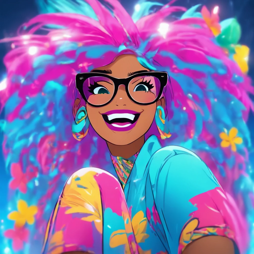 Make another scene with the same style, Barbie is now out of the perfume shop, Now she's holding a perfumery bag, Ela estava prestes a entrar no carro, your car is a Corvette C1, rosa e branco, Corveta C1, Ela usava um vestido xadrez rosa e branco,O pano de fundo mostra uma cidade com 80 estados, There are palm trees and many pink flowers. Arafed woman with blue hair and glasses smiling in a room, cabelos brilhantes azuis e roxos, cabelos azuis e roxos, com cabelos azuis, Foto de perfil do headshot, cor roxa e azul, com longos cabelos azul-turquesa, ela tem cabelo roxo, imagem profissional, bonito ligeiramente nerd sorriso, Alanis Guillen, cabelos tingidos, azul e roxo