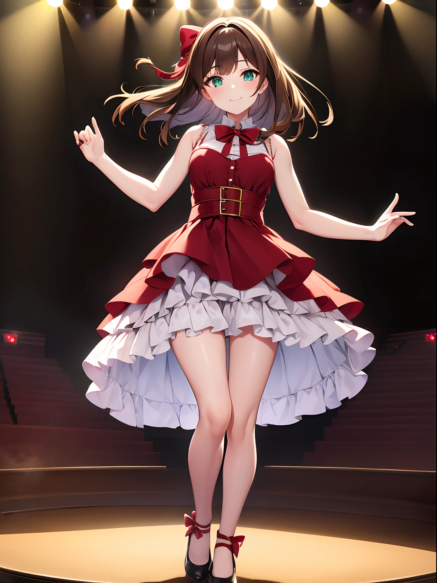 1girl, masterpiece, best quality, idol singer, green eyes, brown hair, frills, pleaded skirt, shoes, smile, cute face, stage, stage lights, cowboy shot, full body shot, solo, single, red bow, cheerful pose