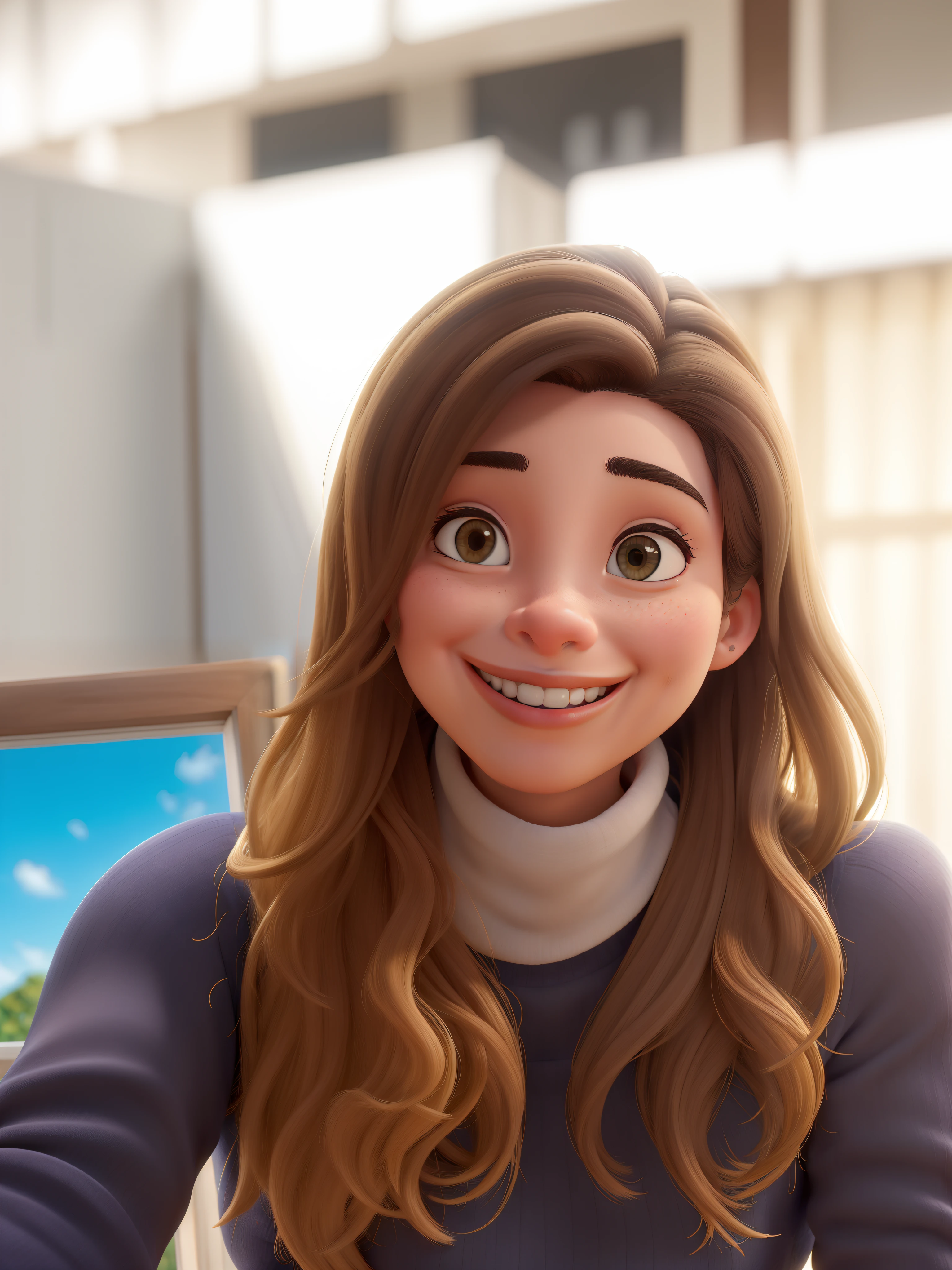 Obra-prima, de melhor qualidade, alta qualidade, uma mulher jovem, bonita, cabelos longos abaixo do ombro, castanho medio, com sorriso nos labios, em um dia ensolarado.