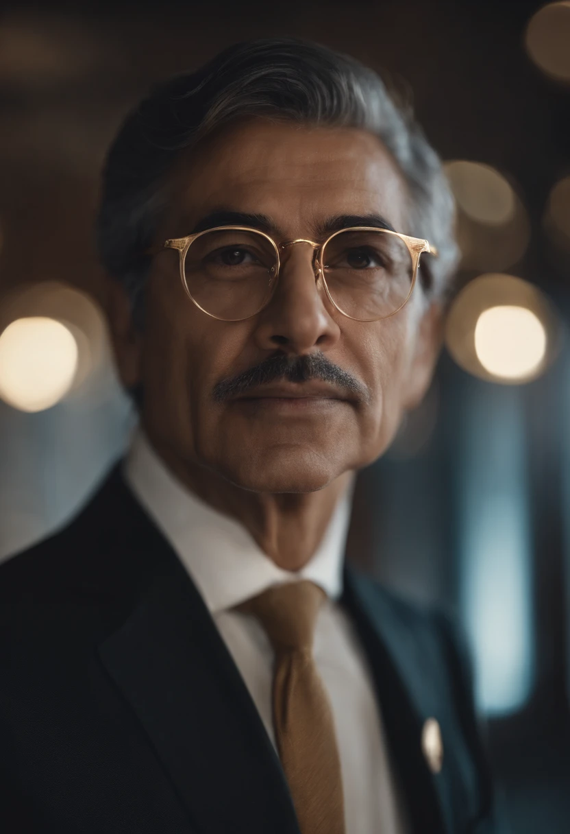 Bonito pequeno investidor masculino de 48 anos de idade, huge head, Undercut hair shot with white streaks wearing square gold thin frame glasses, olhos altamente detalhados, front-faceing, ajuste, parece um chefe, whole body view, Highly detailed hands, Technological figures, melhor qualidade, desenhos animados 3d, whole body view, fantasia, sonho, surrealismo, super bonito, trending in the artstation, Pedagogical Coordinator, administrador, gestor de pessoas, coach e hipnoterapeuta