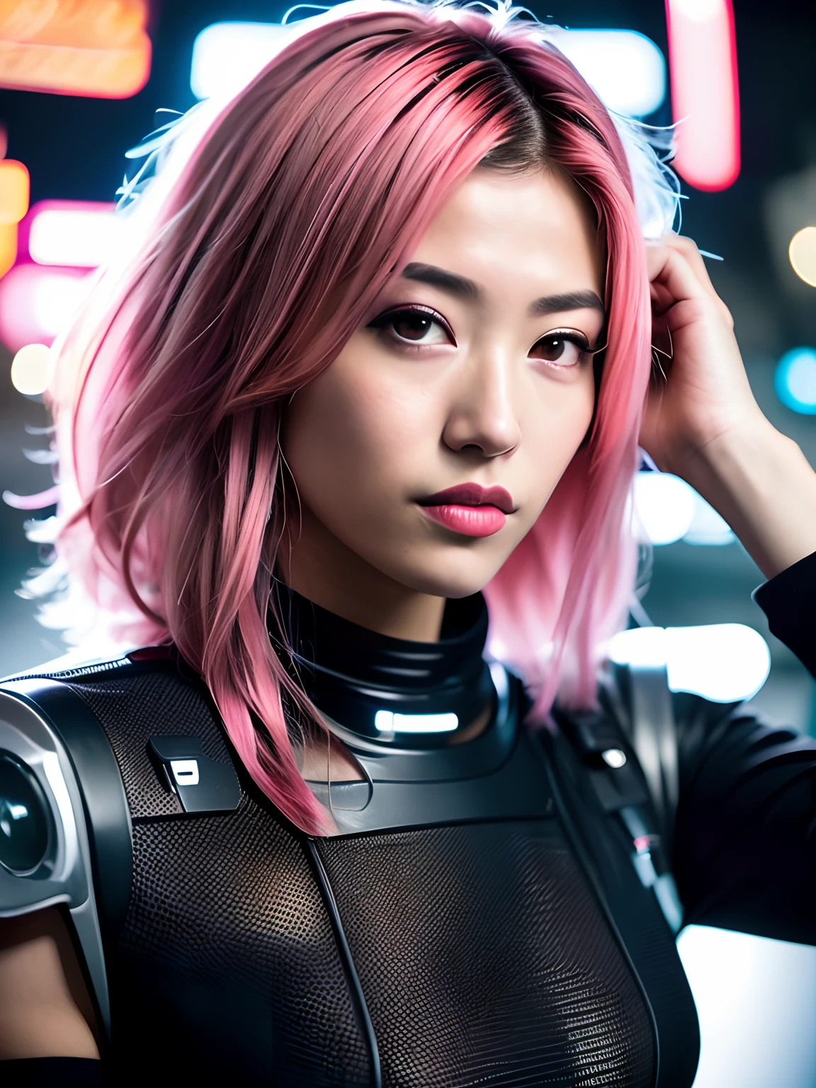 Foto de retrato de uma jovem japonesa, Japanese, usando roupas de tecnologia, estilo cyberpunk, half human half robot, (risos:0.7), Posando, Looking at a camera, cabelo rosa, pink hair, fundo complexo da cidade, retroiluminado, (cinemactic:1.5), epic realistic, hiperdetalhado, detalhes insanos, detalhes intrincados, Highlight lighting, volumetric soft light, Bokeh, (dramatic light:1.2), (cores neutras:1.3), processo cruzado